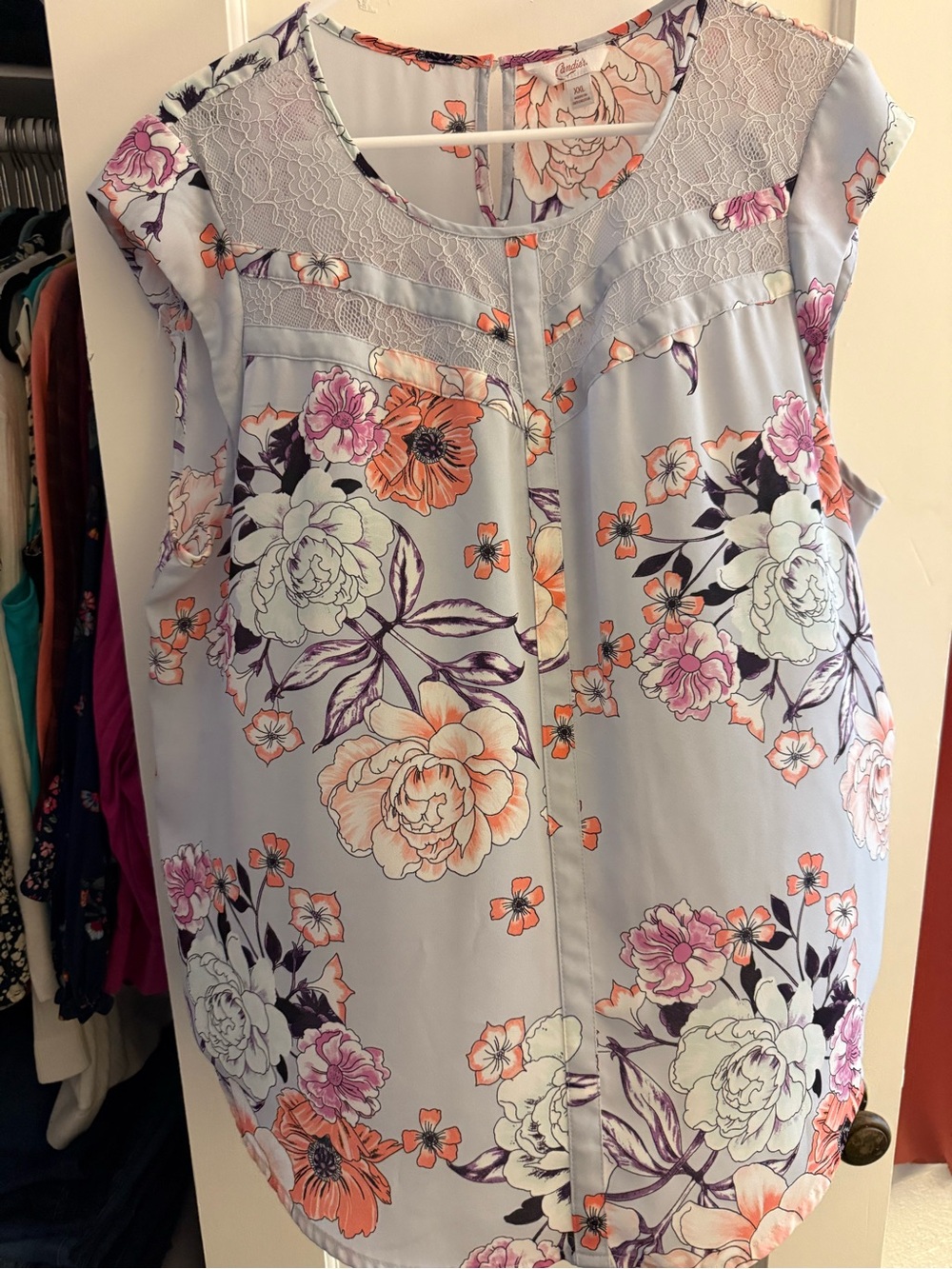 Candie's Lavender Floral Lace Yoke Sleeveless Blouse